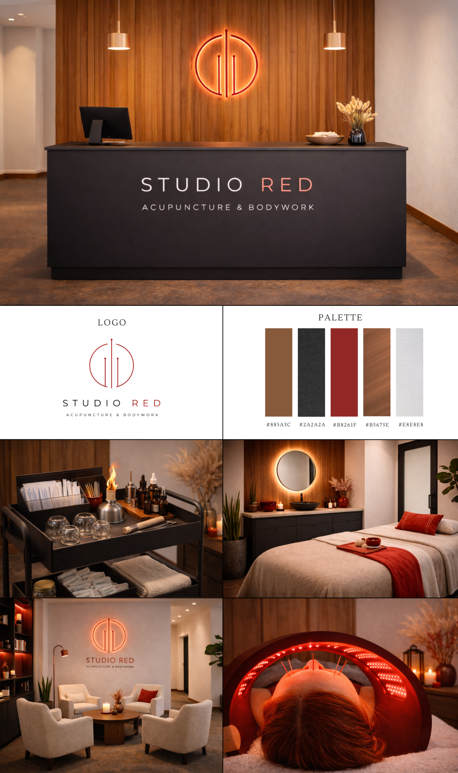 Studio Red Acupuncture brand board showing logo, color palette, treatment room and clinic design concepts