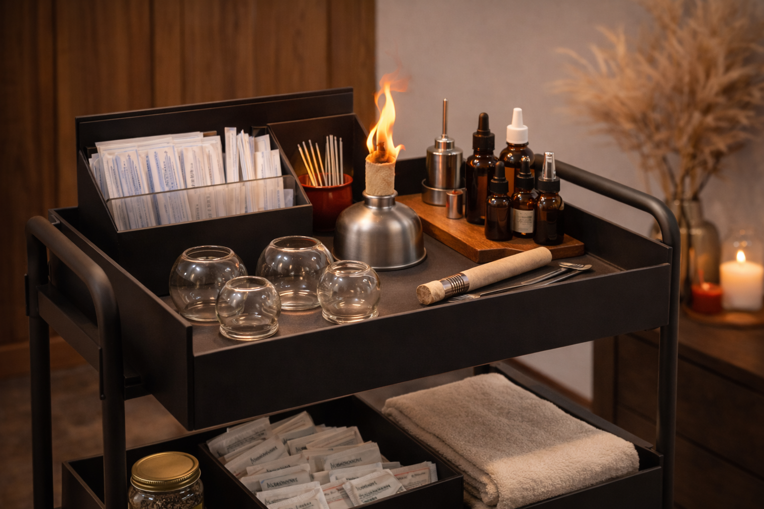 Acupuncture and cupping therapy tools on treatment cart including fire cupping and moxibustion supplies