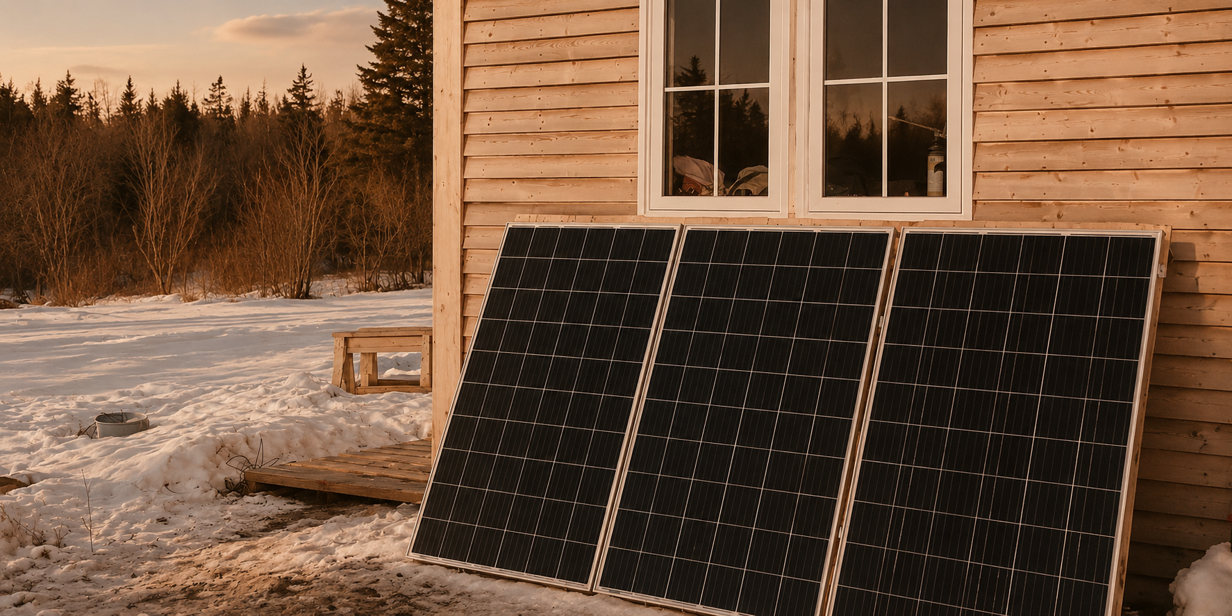 Off-grid winter life in rural New Brunswick, with solar panels leaning against a cedar cabin surrounded by snow and forest—capturing Lacey Park’s integrated approach to Traditional Chinese Medicine, self-reliance, and living close to the land.