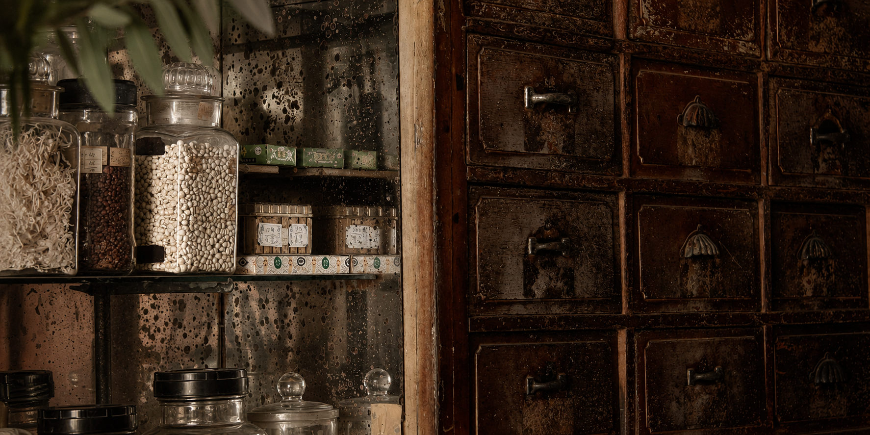 Vintage traditional Chinese medicine herb drawers beside glass jars of dried herbs and medicinal ingredients in an old apothecary-style cabinet.