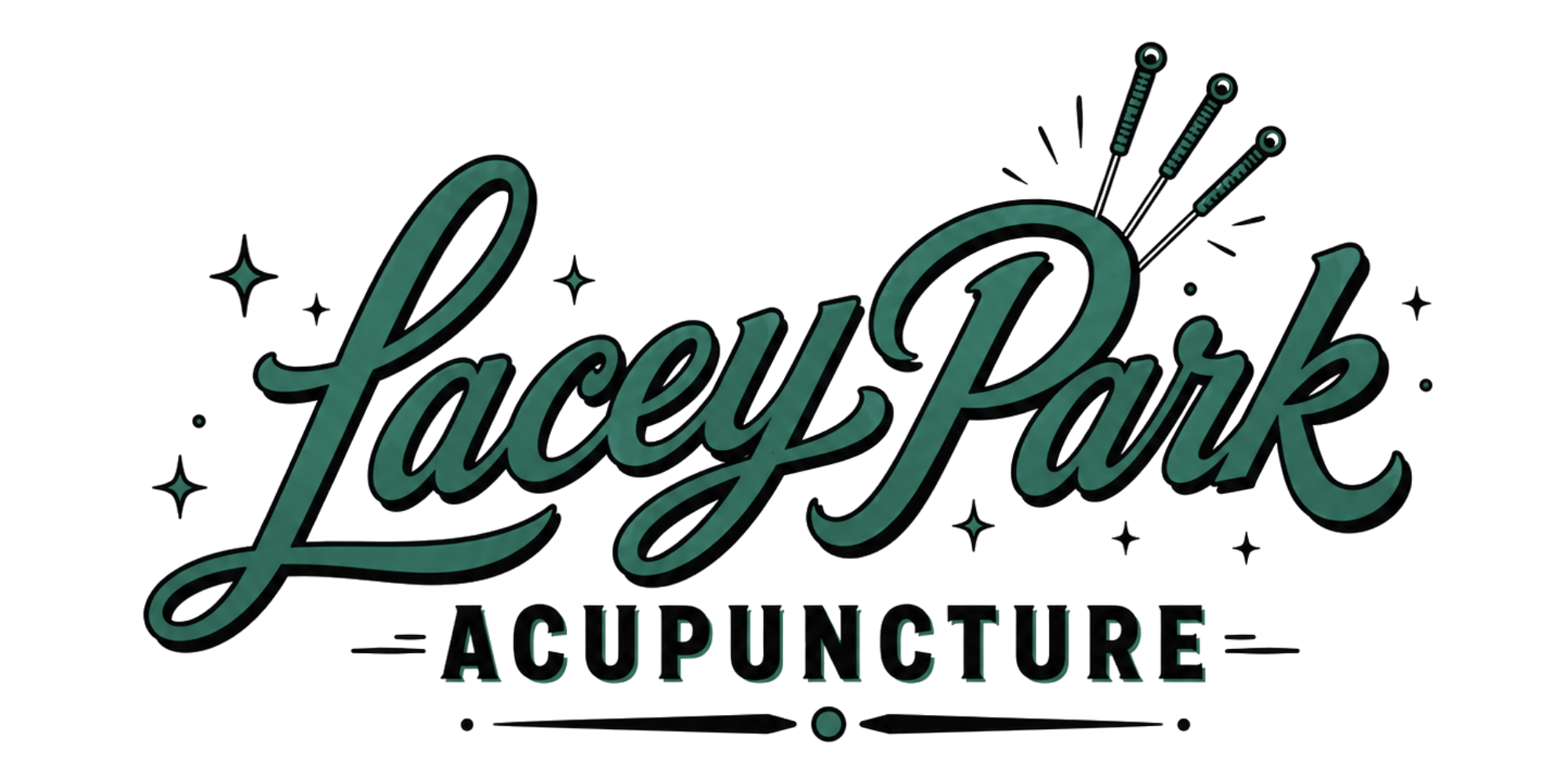 Jade green Lacey Park Acupuncture logo featuring hand-lettered script, three acupuncture needles, and vintage tattoo-inspired decorative stars.