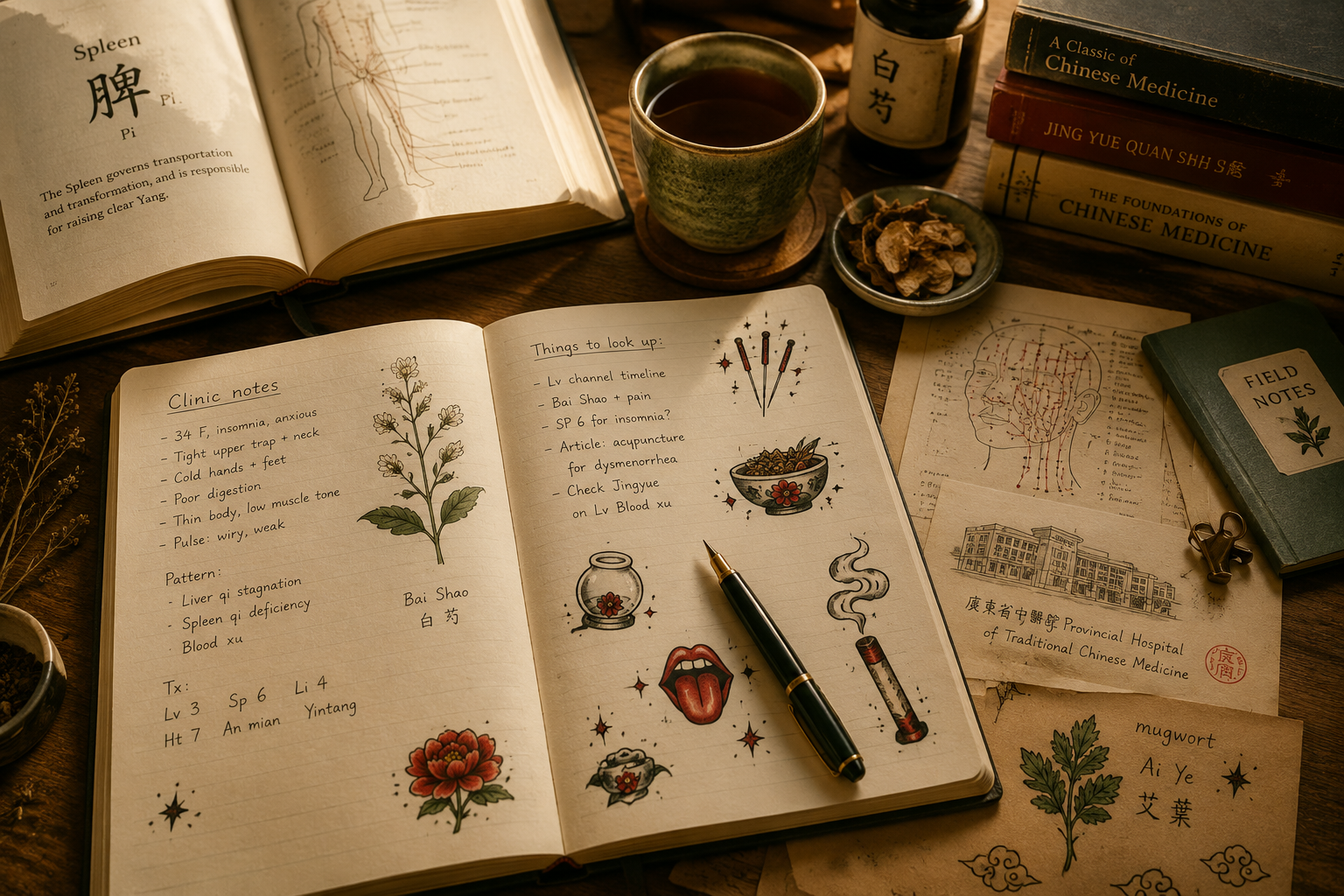 A warm study desk with an open notebook filled with Traditional Chinese Medicine notes and tattoo-style illustrations, surrounded by acupuncture books, herbal references, tea, and botanical sketches.