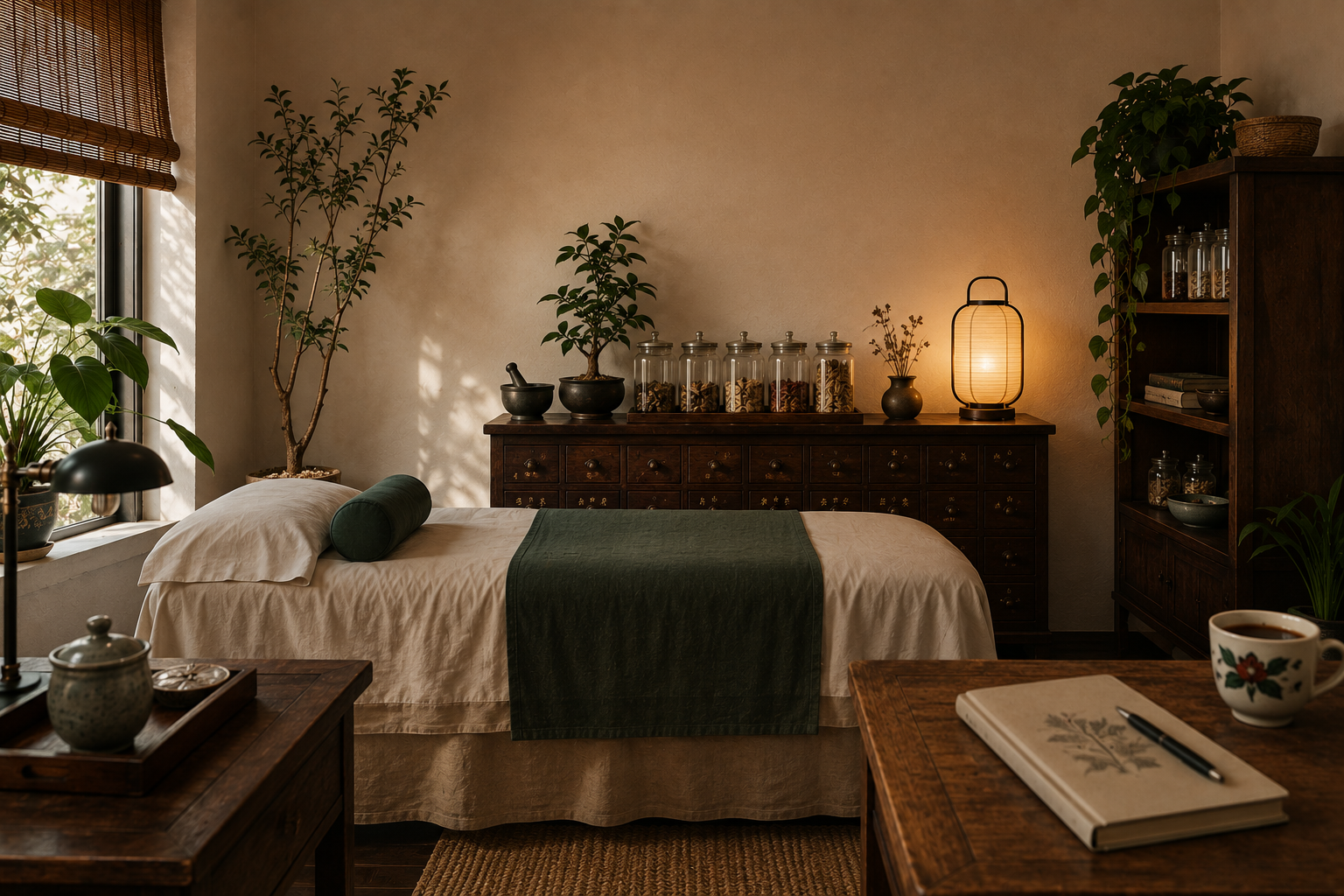 A warm, welcoming traditional Chinese medicine treatment room with a treatment table, herbal apothecary cabinet, botanical decor, natural wood furniture, and soft ambient lighting.